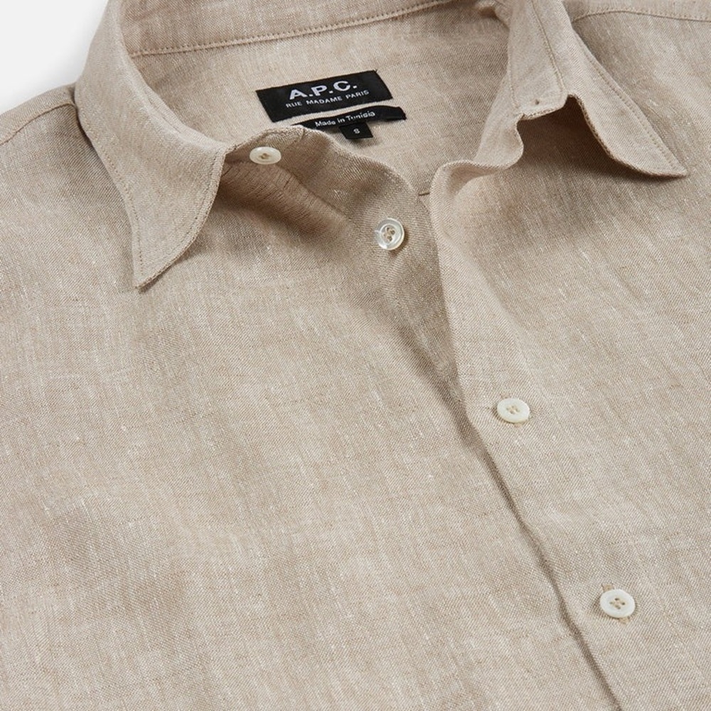 A.P.C PARiS VINCENT LOGO SHIRT BEIGE Flax Tan 100% Linen Size Small Paris